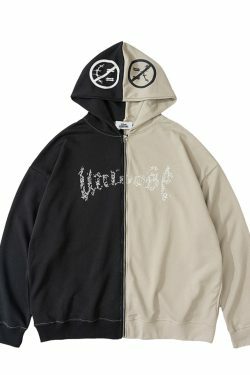 Y2K Aesthetic Spliced Zip Up Hoodie for Women - Coquette & Grunge Style Fashion Statement