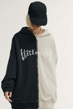 Y2K Aesthetic Spliced Zip Up Hoodie for Women - Coquette & Grunge Style Fashion Statement