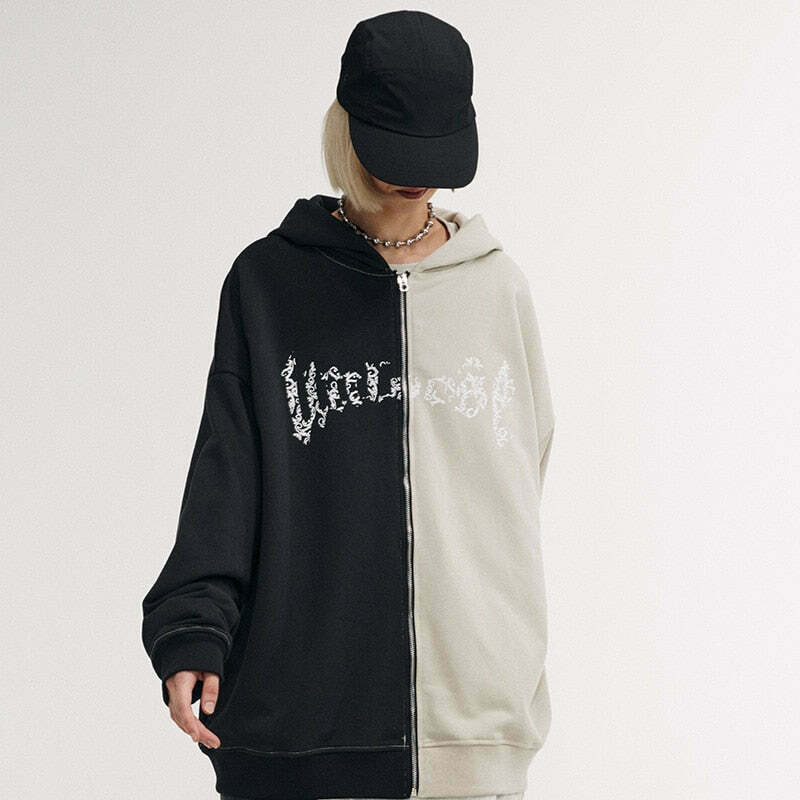 Y2K Aesthetic Spliced Zip Up Hoodie for Women - Coquette & Grunge Style Fashion Statement Y2K Aesthetic Spliced Zip Up Hoodie for Women - Coquette & Grunge Style Fashion Statement
