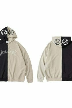 Y2K Aesthetic Spliced Zip Up Hoodie for Women - Coquette & Grunge Style Fashion Statement
