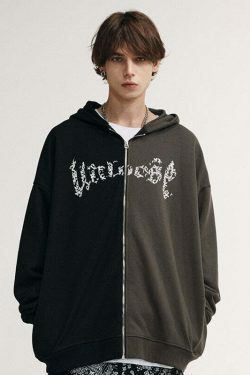 Y2K Aesthetic Spliced Zip Up Hoodie for Women - Coquette & Grunge Style Fashion Statement