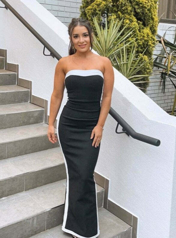 Y2K Aesthetic Splicing Tube Top Long Dress for Women - Coquette & Grunge Style Fashion