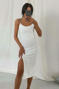 Y2K Aesthetic Split Hip-Wrapped Chain Suspender Dress - Coquette Grunge Fashion