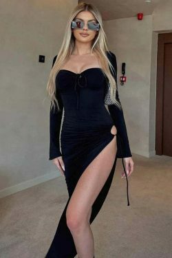 Y2K Aesthetic Split Ruched Maxi Dress for Women - Coquette & Grunge Style Fashion Statement