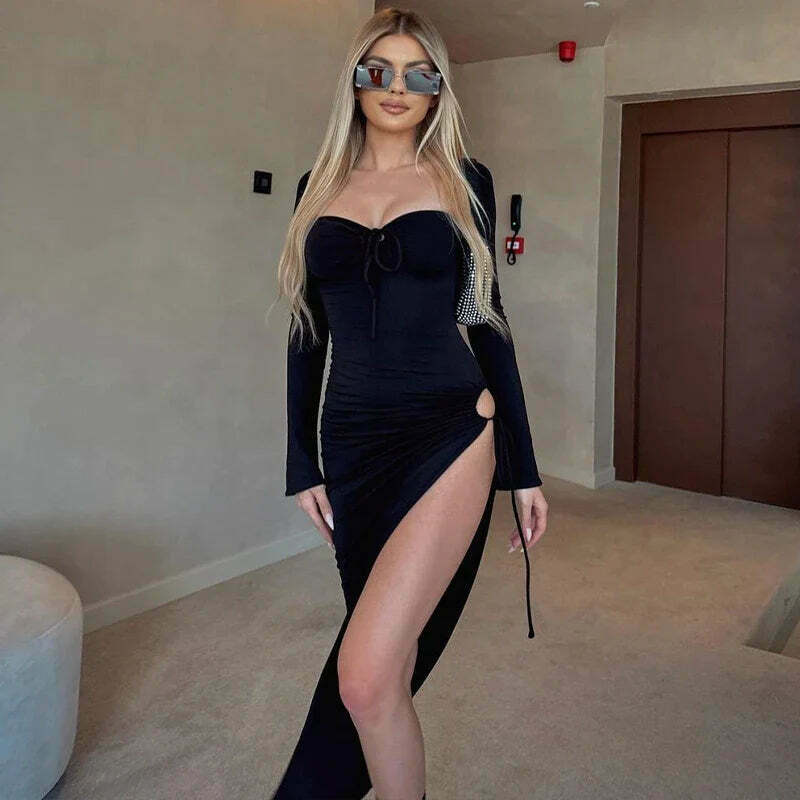 Y2K Aesthetic Split Ruched Maxi Dress for Women - Coquette & Grunge Style Fashion Statement Y2K Aesthetic Split Ruched Maxi Dress for Women - Coquette & Grunge Style Fashion Statement