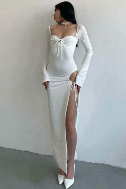 Y2K Aesthetic Split Ruched Maxi Dress for Women - Coquette & Grunge Style Fashion Statement