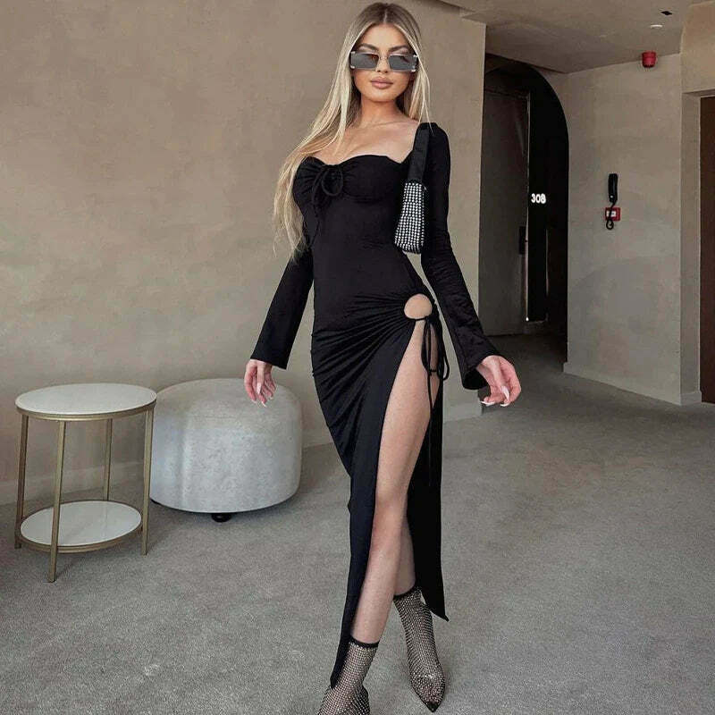 Y2K Aesthetic Split Ruched Maxi Dress for Women - Coquette & Grunge Style Fashion Statement Y2K Aesthetic Split Ruched Maxi Dress for Women - Coquette & Grunge Style Fashion Statement