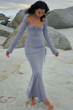 Y2K Aesthetic Split Ruched Maxi Dress for Women - Coquette & Grunge Style Fashion Statement