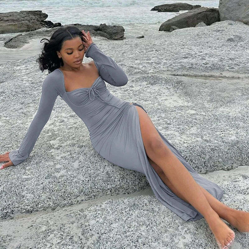 Y2K Aesthetic Split Ruched Maxi Dress for Women - Coquette & Grunge Style Fashion Statement Y2K Aesthetic Split Ruched Maxi Dress for Women - Coquette & Grunge Style Fashion Statement