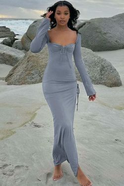 Y2K Aesthetic Split Ruched Maxi Dress for Women - Coquette & Grunge Style Fashion Statement