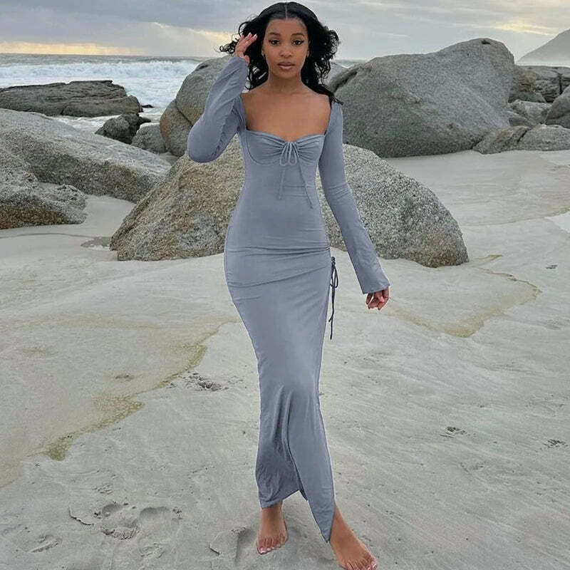 Y2K Aesthetic Split Ruched Maxi Dress for Women - Coquette & Grunge Style Fashion Statement Y2K Aesthetic Split Ruched Maxi Dress for Women - Coquette & Grunge Style Fashion Statement