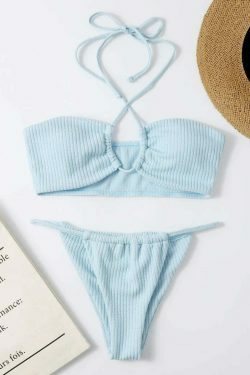 Y2K Aesthetic Split Swimsuit Pothole Neck Thong Bikini