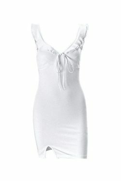 Y2K Aesthetic Split V Neck Mini Dress - Coquette Grunge Fashion & Pastel Goth Vibes