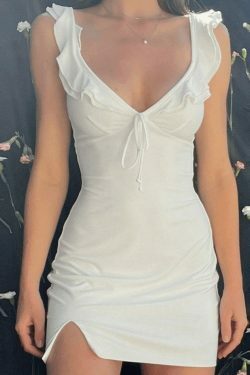 Y2K Aesthetic Split V Neck Mini Dress - Coquette Grunge Fashion & Pastel Goth Vibes