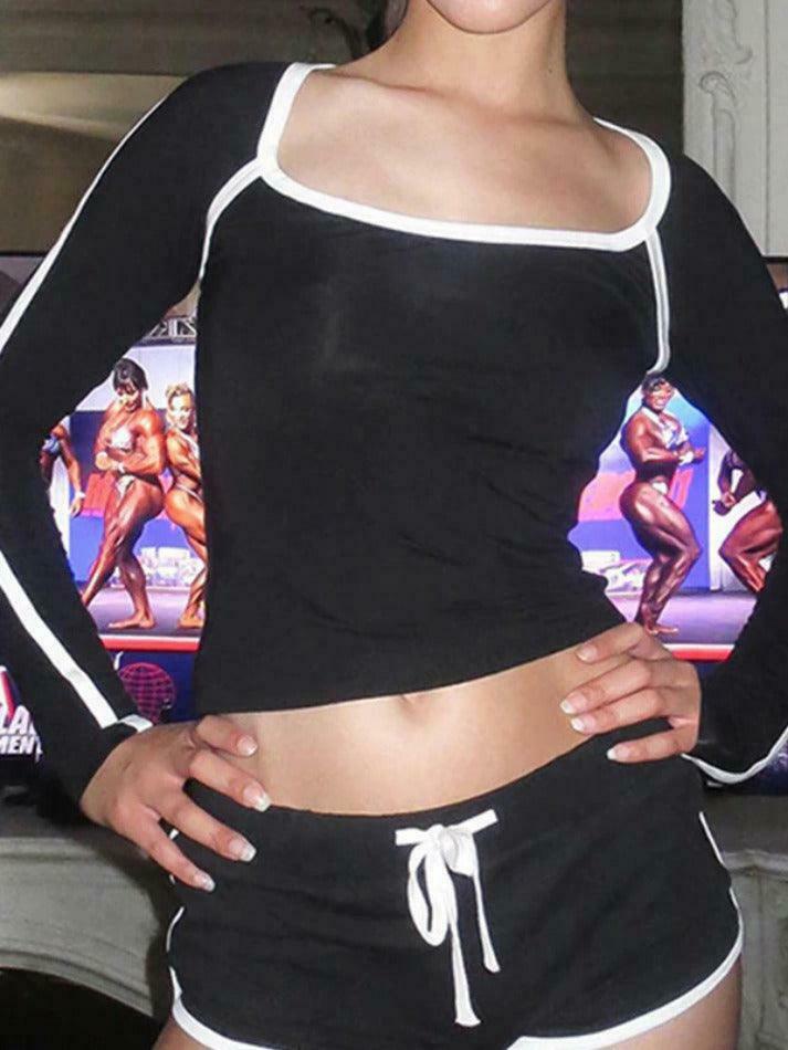 Y2K Aesthetic Square Neck Long Sleeve Tee with Contrast Color Piping - Coquette Fashion for Women