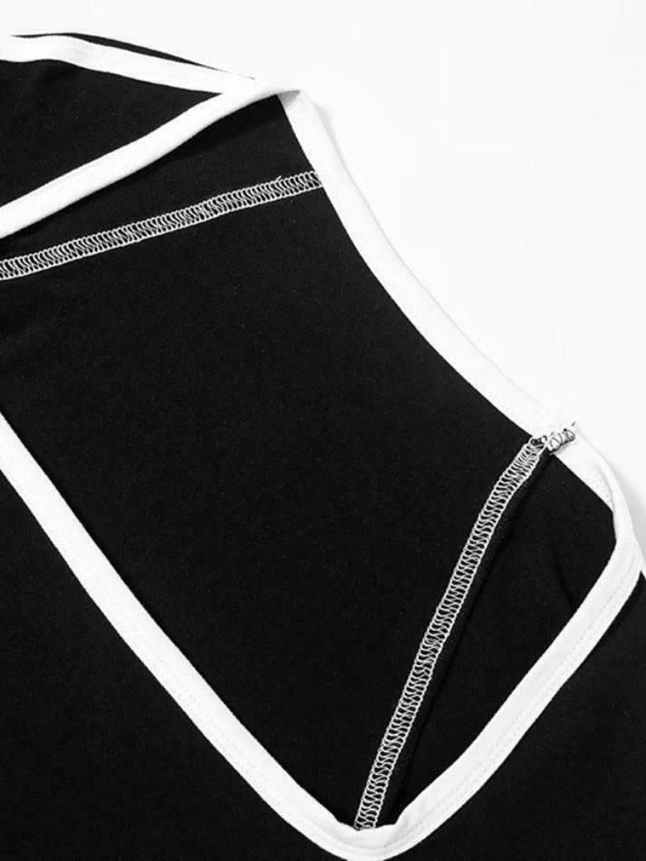 Y2K Aesthetic Square Neck Long Sleeve Tee with Contrast Color Piping - Coquette Fashion for Women