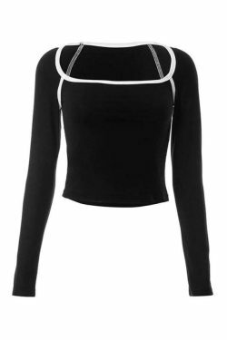 Y2K Aesthetic Square Neck Long Sleeve Tee with Contrast Color Piping - Coquette Fashion for Women