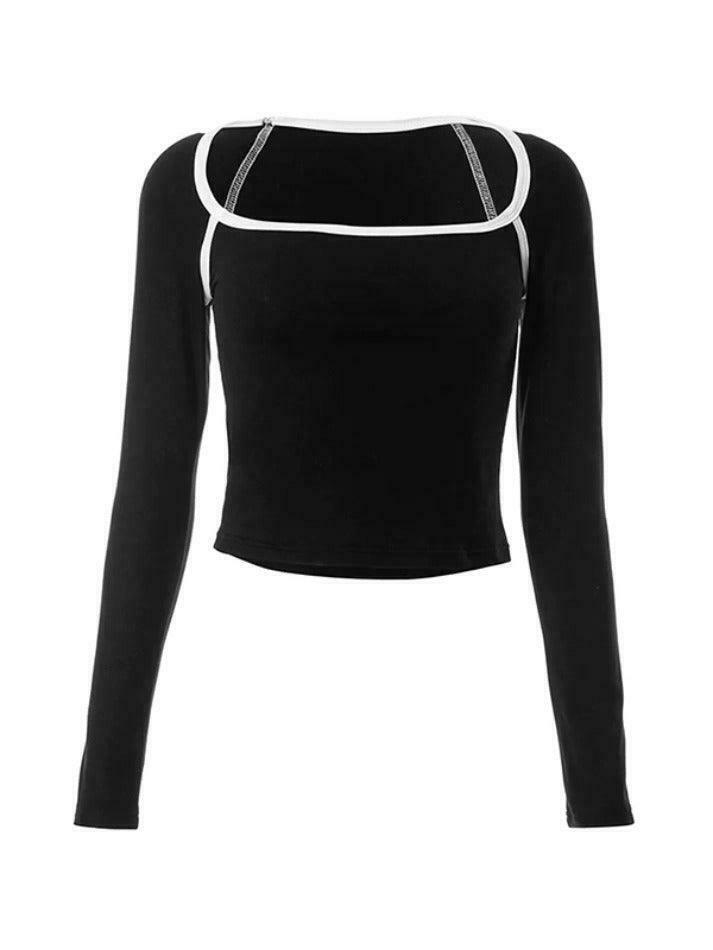 Y2K Aesthetic Square Neck Long Sleeve Tee with Contrast Color Piping - Coquette Fashion for Women