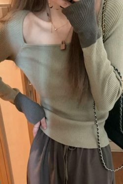 Y2K Aesthetic Square Neck Splice Slim Long Sleeve Knit Sweater