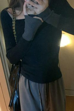 Y2K Aesthetic Square Neck Splice Slim Long Sleeve Knit Sweater