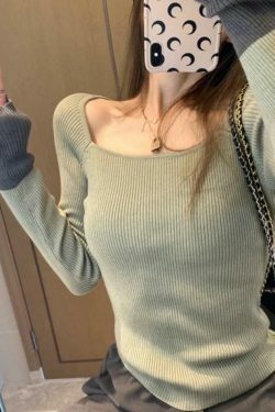 Y2K Aesthetic Square Neck Splice Slim Long Sleeve Knit Sweater