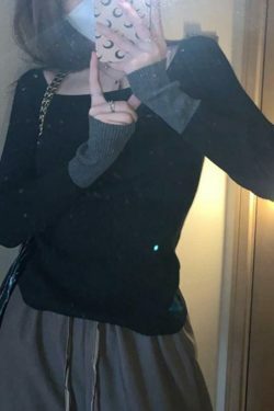 Y2K Aesthetic Square Neck Splice Slim Long Sleeve Knit Sweater