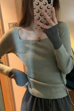 Y2K Aesthetic Square Neck Splice Slim Long Sleeve Knit Sweater