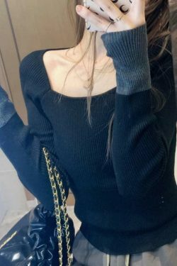 Y2K Aesthetic Square Neck Splice Slim Long Sleeve Knit Sweater