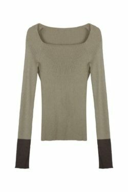 Y2K Aesthetic Square Neck Splice Slim Long Sleeve Knit Sweater