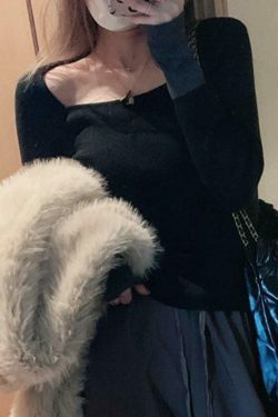 Y2K Aesthetic Square Neck Splice Slim Long Sleeve Knit Sweater