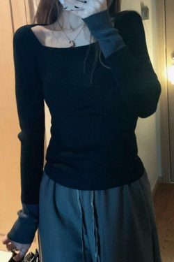 Y2K Aesthetic Square Neck Splice Slim Long Sleeve Knit Sweater
