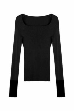 Y2K Aesthetic Square Neck Splice Slim Long Sleeve Knit Sweater