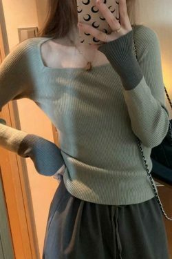 Y2K Aesthetic Square Neck Splice Slim Long Sleeve Knit Sweater
