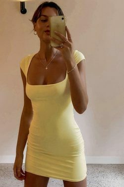 Y2K Aesthetic Stalinic Square Neck Bodycon Dress for Niche Women Fashion