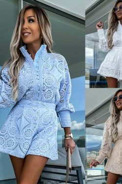 Y2K Aesthetic Stand-Up Collar Lace Shorts Suit for Niche Women Fashion