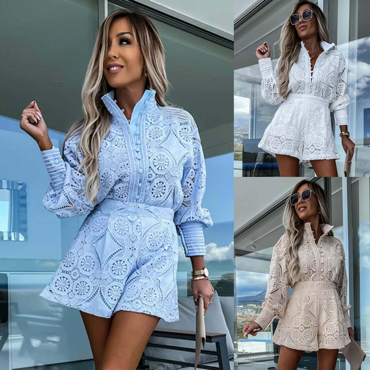 Y2K Aesthetic Stand-Up Collar Lace Shorts Suit for Niche Women Fashion Y2K Aesthetic Stand-Up Collar Lace Shorts Suit for Niche Women Fashion