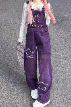 Y2K Aesthetic Star Patch Purple Denim Overalls - Coquette Style Grunge Fashion Women's Outfit