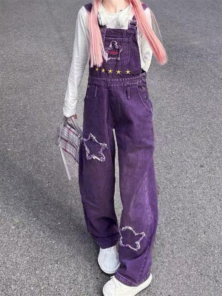 Y2K Aesthetic Star Patch Purple Denim Overalls - Coquette Style Grunge Fashion Women's Outfit Y2K Aesthetic Star Patch Purple Denim Overalls - Coquette Style Grunge Fashion Women's Outfit