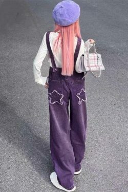 Y2K Aesthetic Star Patch Purple Denim Overalls - Coquette Style Grunge Fashion Women's Outfit