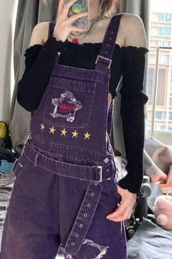 Y2K Aesthetic Star Patch Purple Denim Overalls - Coquette Style Grunge Fashion Women's Outfit