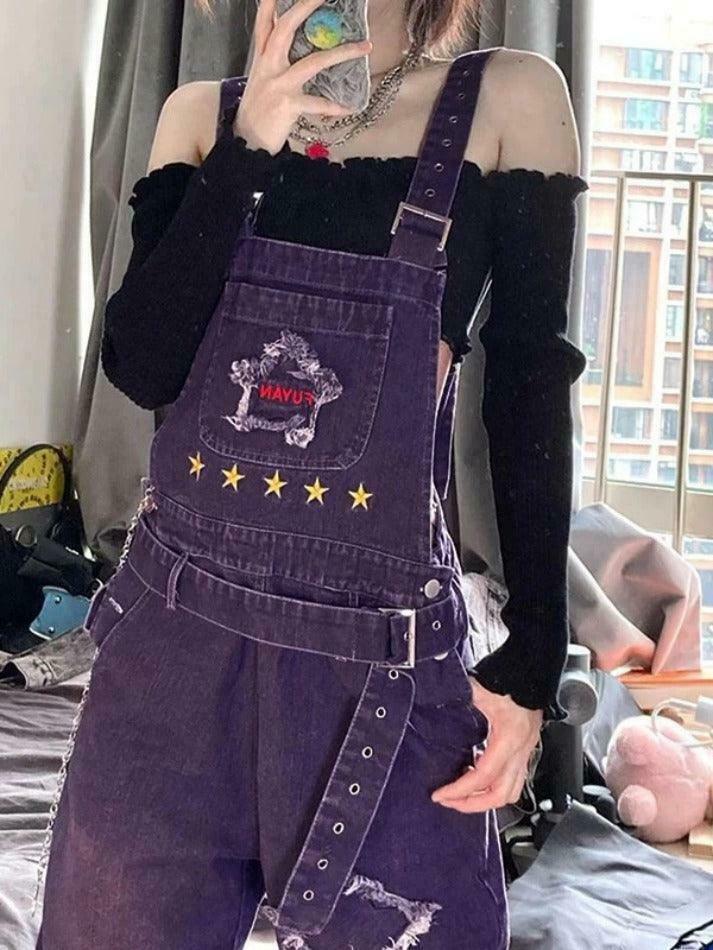 Y2K Aesthetic Star Patch Purple Denim Overalls - Coquette Style Grunge Fashion Women's Outfit Y2K Aesthetic Star Patch Purple Denim Overalls - Coquette Style Grunge Fashion Women's Outfit