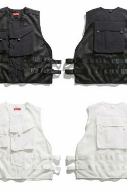 Y2K Aesthetic Strapped Mesh Utility Vest for Women - Coquette & Grunge Style Cargo Skirt Outfit