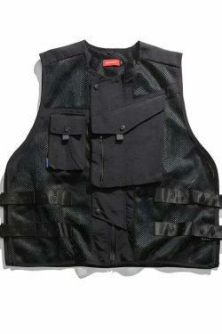 Y2K Aesthetic Strapped Mesh Utility Vest for Women - Coquette & Grunge Style Cargo Skirt Outfit