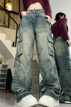Y2K Aesthetic Street Style Cargo Jeans with Multiple Pockets
