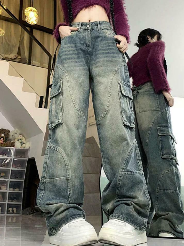 Y2K Aesthetic Street Style Cargo Jeans with Multiple Pockets Y2K Aesthetic Street Style Cargo Jeans with Multiple Pockets