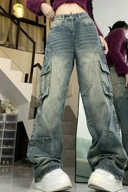 Y2K Aesthetic Street Style Cargo Jeans with Multiple Pockets