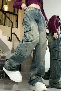 Y2K Aesthetic Street Style Cargo Jeans with Multiple Pockets