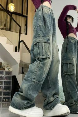 Y2K Aesthetic Street Style Cargo Jeans with Multiple Pockets