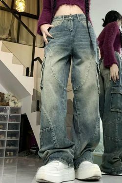 Y2K Aesthetic Street Style Cargo Jeans with Multiple Pockets