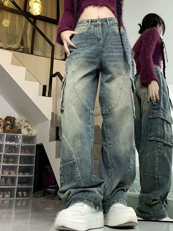 Y2K Aesthetic Street Style Cargo Jeans with Multiple Pockets Y2K Aesthetic Street Style Cargo Jeans with Multiple Pockets